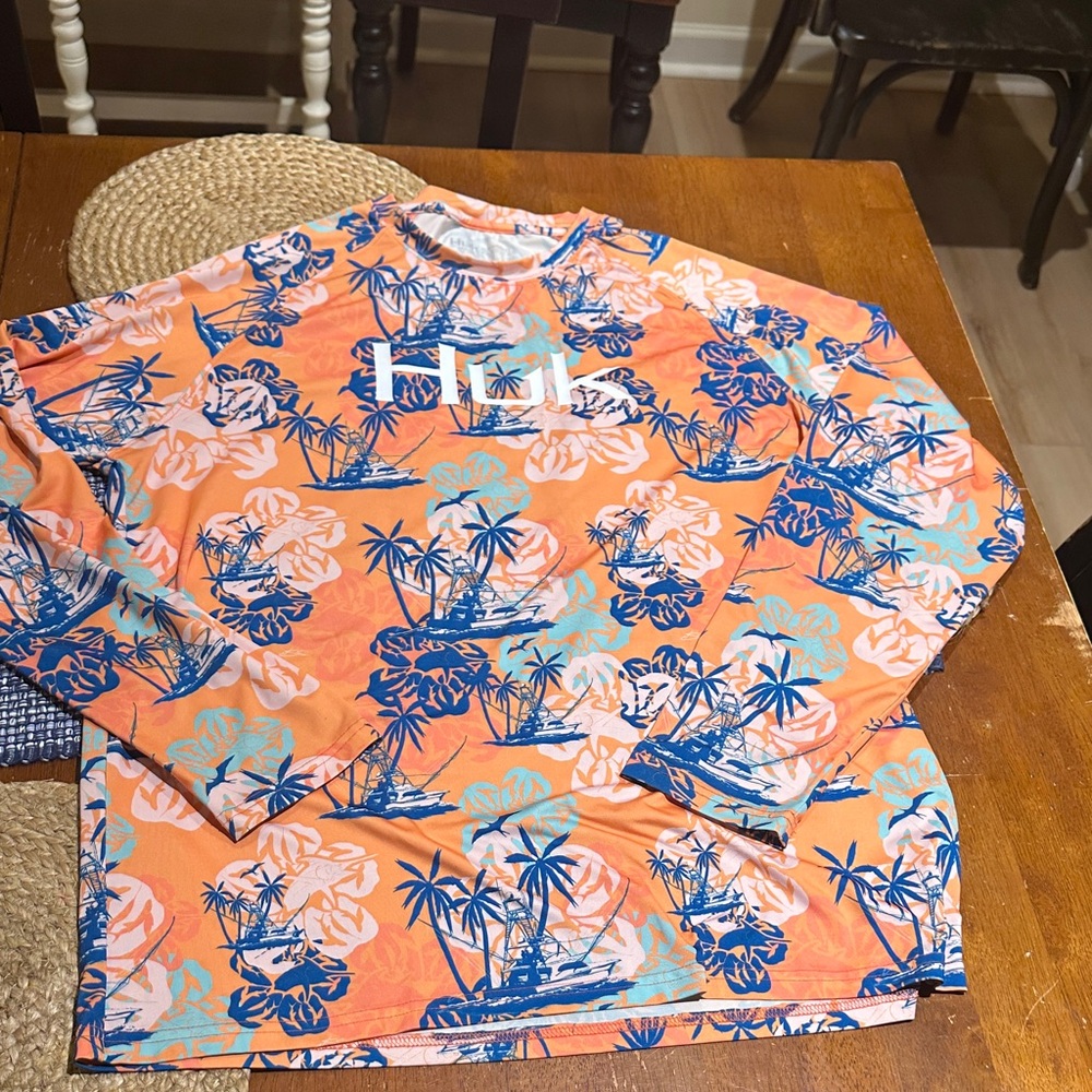 Huk Orange and Blue Floral Long Sleeve performance fishing Shirt, L